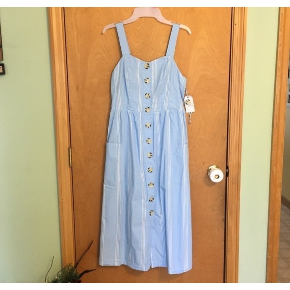 Striped Button Front Midi Dress Womens M Blue White NWT Smocked Back